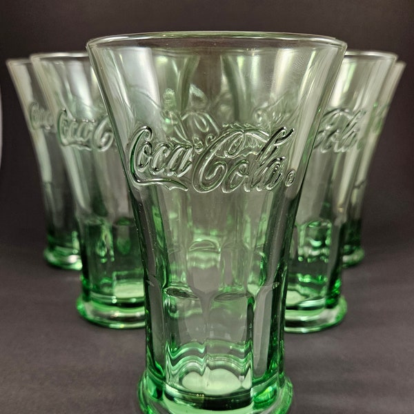 Set of 6 Vintage Flared Green Libbey Coke Glasses, Never Used Heavy Coca-Cola Glasses