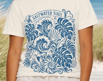 Camiseta Saltwater Soul, camiseta con estampado de olas y conchas, camiseta para amantes de la playa y la costa, camiseta Comfort Colors Ocean, regalo para las vacaciones de verano.