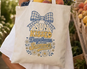 Bolso tote de tela vichy con lazo, bolso de lona con margaritas coquetas, bolso tote con estética cottagecore, lindo bolso de playa, regalo para ella, bolsa de compras reutilizable