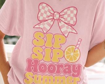 Camiseta coqueta con lazo a cuadros, camiseta de verano rosa limón, camiseta Sip Sip Hooray Comfort Colors, camiseta gráfica preppy femenina, lindo regalo para ella