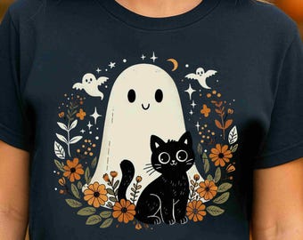 Camiseta de Halloween con gato para mujer, camiseta de fantasma adorable, camiseta de Halloween de colores cómodos, camiseta floral de gato negro, camiseta gráfica de otoño, Halloween estilo cottagecore