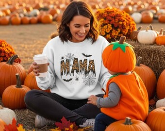Camiseta de Halloween con estampado de leopardo para mamás, camiseta adorable para mamás en otoño, atuendo para el campo de calabazas, camiseta gráfica de moda, regalo para mamá, camiseta para la temporada de Halloween.