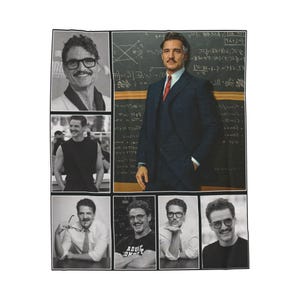 May include: A black and white printed square scarf featuring multiple images of a man in various poses. The images include a man wearing glasses, a suit, and a black t-shirt with the text "ADULT ON".