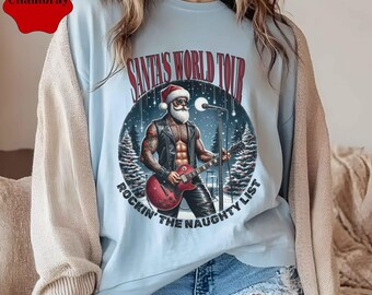 Santas World Tour Christmas Rocker Shirt, Funny Naughty List Tee for Men & Women | Rock Band Santa T-Shirt Holiday Gift