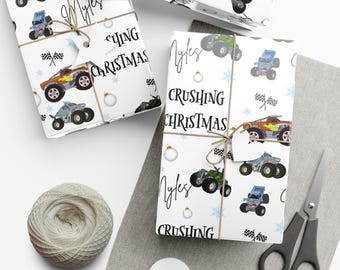 Personalized Monster Truck Gift Wrap Papers, Kids Birthday Gift Wrap, Holiday Gift Wrap, Christmas Wrapping Paper, Party Supplies