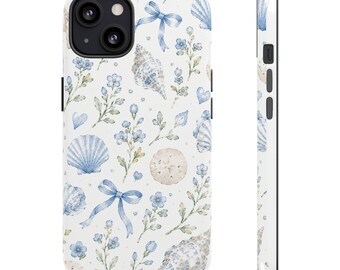 Funda para teléfono resistente con diseño floral de conchas azules