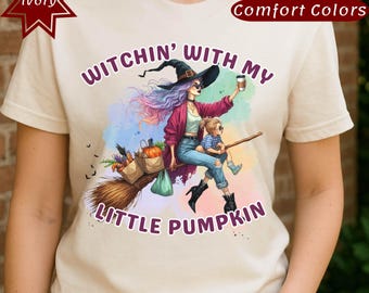 小さなカボチャと魔女のシャツ、ハロウィンママと子供用秋Tシャツ、お揃いの不気味な季節の衣装、かわいいカボチャ畑のシャツ