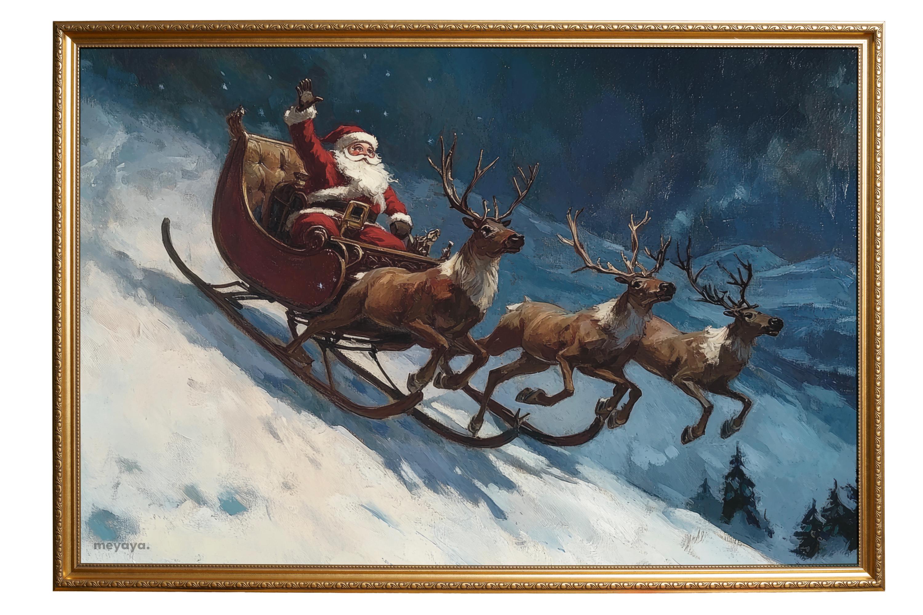 ヴィンテージサンタのそりプリント：クリスマスのトナカイの絵画