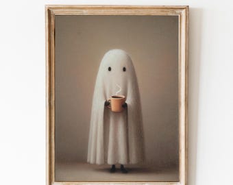 May include: A framed print featuring a whimsical ghost holding a mug of coffee. The ghost is draped in a white sheet with two black dot eyes. The mug is orange, and steam rises from it. The artwork has a vintage, soft color palette.
