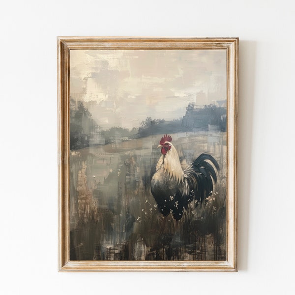 Vintage Rooster Painting, Rooster Print, Farm Animal Print, Rustic Kitchen Decor, Farmhouse Artwork, French Country Decor, Digital Download.