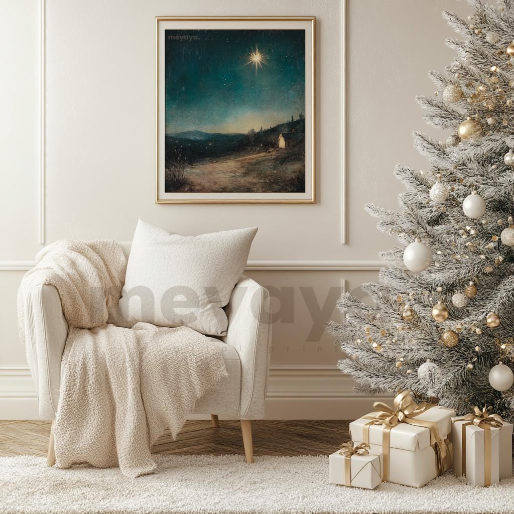 ヴィンテージのベツレヘムの星のクリスマスプリント：ミニマリストの