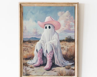 Pink Cute Cowboy Ghost Print, Pink Halloween Print, Western Preppy Decor, Funny Ghost Painting, Pastel Halloween, Girly Spooky Decor, Ghoul.