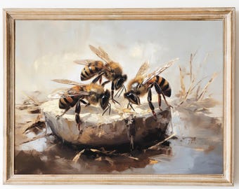 Honeybee Painting, Botanical Print, Farmhouse Decor, Moody Wall Art, Instant Download, Bee Print, Cottagecore, Dark Academia Insect Artwork.