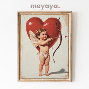Cupid Valentines Day Wall Art, Vintage Cupid Painting, Antique Cupid Drawing, Red Heart Print, Neutral Artwork, Love Wall Decor, Cottagecore