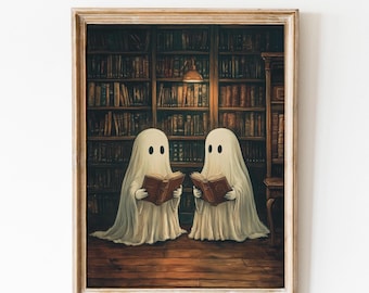 Könnte beinhalten: Gerahmter Druck mit zwei Cartoon-Geistern, die in einer Bibliothek Bücher lesen. Die Geister sind in weiße Laken mit schwarzen Augenlöchern gehüllt. Die Bibliothek hat einen Holzboden und Bücherregale voller Bücher.