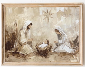 ヴィンテージベツレヘムパール　キリストの降誕スタンド付きレリーフ　クリスマス装飾 ヴィンテージのベツレヘムの星のクリスマスプリント：ミニマリストの