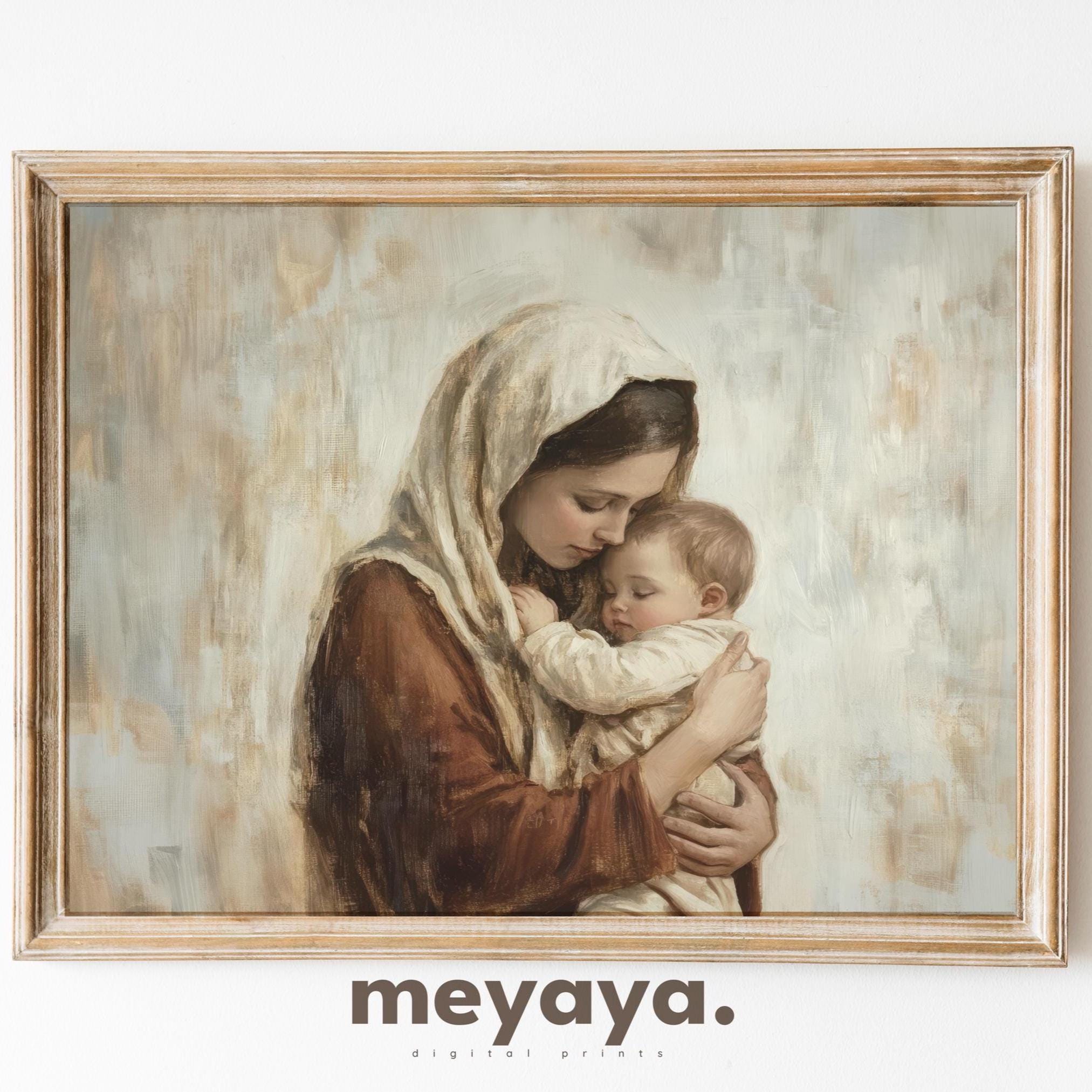 聖母マリアと幼子イエスのアートプリント：キリスト教の壁画、中立的な