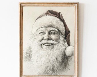 Szkic przedstawiający Świętego Mikołaja w stylu vintage: portret Świętego Mikołaja, neutralna dekoracja świąteczna, rustykalna zimowa sztuka ścienna (do pobrania w wersji cyfrowej).