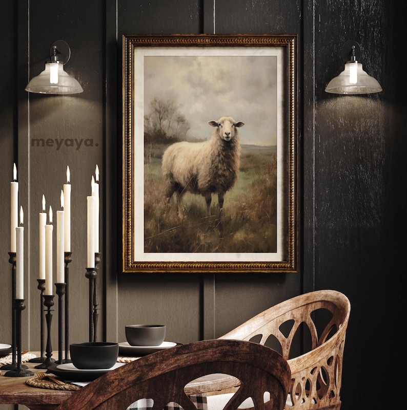 Vintage Sheep Painting, Farmhouse Wall Art, Wild Sheep Rustic Art ...