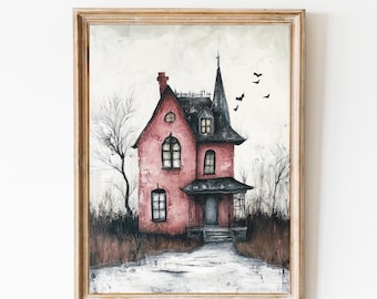 Halloween Pink Haunted House Print: Girly Spooky Decor, Preppy Decor, Scary Wall Art (Digital Download).