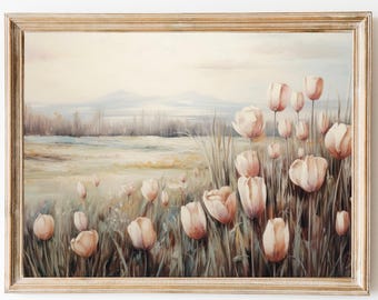 Cuadro de tulipanes vintage, decoración de granja, estampado de tulipanes melancólicos, campo floral, decoración botánica neutra, arte de pared con tulipanes apagados, decoración cottagecore.