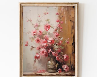 May include: A framed painting of a bouquet of pink flowers in a vase. The flowers are arranged in a loose, natural style and are set against a background of a wooden wall.