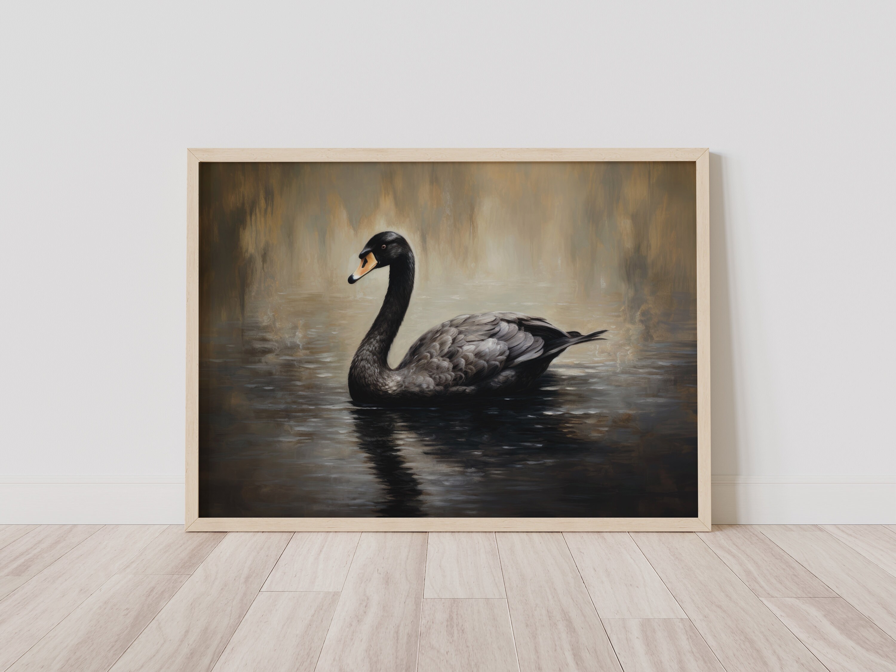Vintage Black Swan Painting, Moody Swan Print, Farmhouse Decor
