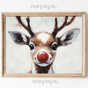 Impressão de rena de Natal, pintura de Rudolph, a rena, decoração de Natal do Nariz Vermelho, pôster vintage de rena, arte rústica, impressão de Natal.