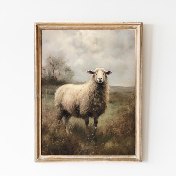 Sheep Painting, Vintage Sheep Oil Painting, Farmhouse PRINTABLE Wall Art, Wild Sheep Rustic Art, Neutral Painting, Landscape Countryside Art