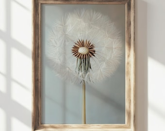 Impresión de diente de león neutro: Arte mural botánico vintage, decoración floral estilo cottagecore, pintura primaveral (descarga digital)