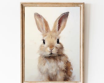 Cuadro vintage de conejo de Pascua, impresión rústica, arte de pared de granja, decoración de conejo para guardería, estilo cottagecore, arte primaveral neutro, descarga instantánea