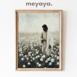 Vintage Jesus Walking Flower Field Painting, Modern Christian Art, Religious Gift, Bible Art, Jesus Leaves the 99, Jesus Print, Cottagecore.