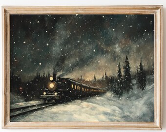 Polar Express Print; Vintage Locomotive, Christmas Decor, Whimsical Winter Wall Art, Holiday Artwork, Old Train Print, DIGITAL DOWNLOAD.