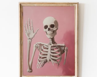 Stampa scheletro rosa di Halloween, decorazione murale con scheletro, decorazione spettrale rosa, stampa di Halloween alla moda, stampa scheletro carina, decorazione di Halloween femminile.