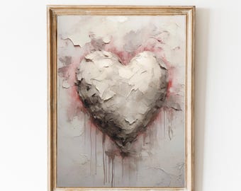 Impresión de corazón blanco de San Valentín, regalo de San Valentín, pintura de corazón vintage, decoración neutra, decoración de San Valentín discreta, arte mural romántico, amor rústico