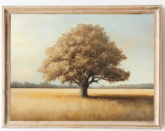 Vintage Oak Tree Landscape Painting: Rustic Cottagecore Print (Digital Download)