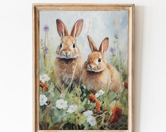 Cuadro de conejito en tonos apagados, decoración de guardería de primavera, estampado de conejito, estilo cottagecore neutro, arte de pared botánico, decoración acogedora de cabaña de primavera, estampado de conejos.
