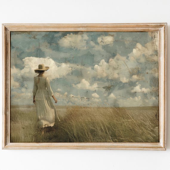 Pioneer Woman Print, Muted Landscape Painting, Vintage Farmhouse