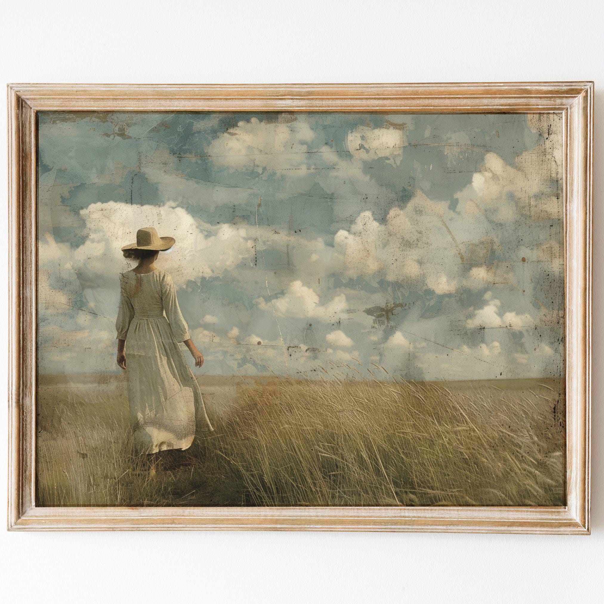 Pioneer Woman Print, Muted Landscape Painting, Vintage Farmhouse