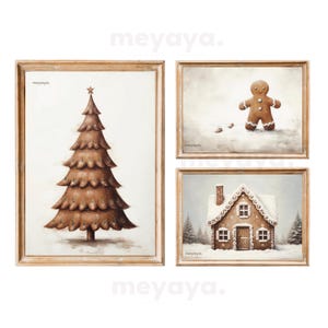 Set of 3 Christmas Gingerbread Print, Vintage Christmas Painting, Neutral Christmas Decor, Trendy Christmas Printable Art, Gallery Wall Art.
