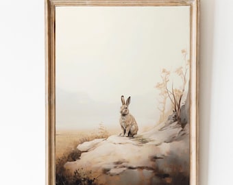 Cuadro vintage de conejito, estampado de conejito Ester, decoración cottagecore, estampado primaveral de granja, arte mural melancólico, decoración primaveral neutra, impresiones digitales.