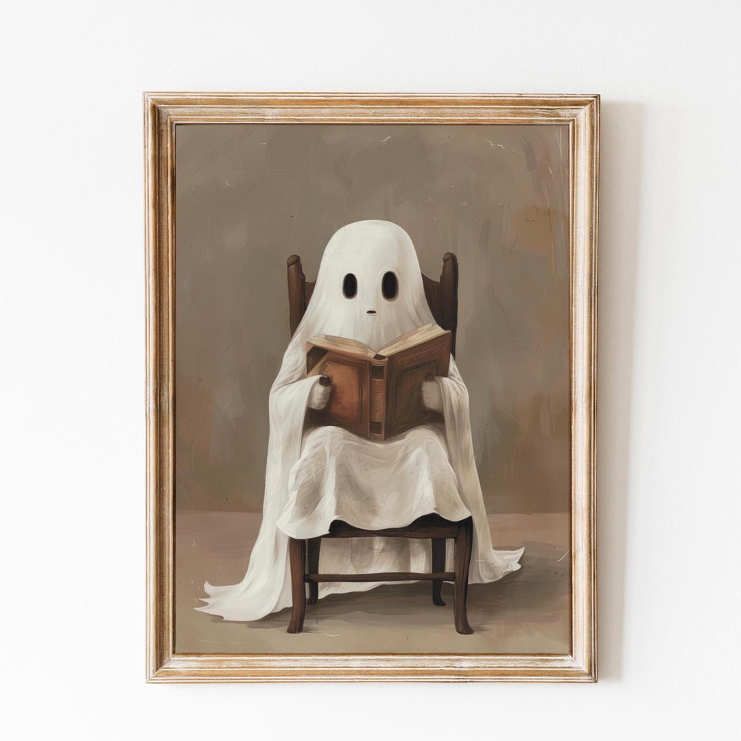 Cute Ghost Reading a Book Print, Halloween Decor, Spooky Wall Art ...