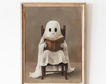 Cute Ghost Reading a Book Print, Halloween Decor, Spooky Wall Art, Reading Lover, Vintage Halloween Print, Ghost Poster, Funny Halloween Art