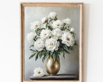 Stampa di natura morta con peonia bianca: dipinto floreale Cottagecore (stampabile digitalmente)