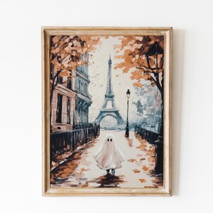 Cute Ghost in Paris Print, Dark Academia Halloween Print, Spooky Decor, Ghost Poster, Vintage Painting, Halloween Preppy, Neutral Painting.