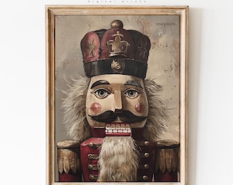 May include: A framed print of a nutcracker soldier. The artwork features a detailed illustration of a nutcracker with a red and black uniform, a crown, and a long mustache. The print has a vintage aesthetic with the text "meyaya." at the top.