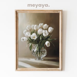 White Tulips in Vase Painting: Dark Academia Floral Print, Neutral Cottagecore Decor (Digital Download