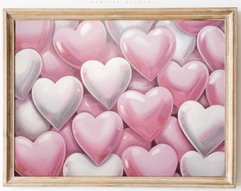 Hot Pink Heart Print, Valentines Day Wall Art, Love Decor, Preppy Pink Heart Decor, Valentines Printable, Romantic Painting, Aesthetic Decor