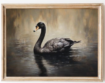 Vintage Black Swan Painting, Moody Swan Print, Farmhouse Decor, Dark Academia Decor, Cottagecore Animal Wall Art, Victorian Decor, Download.