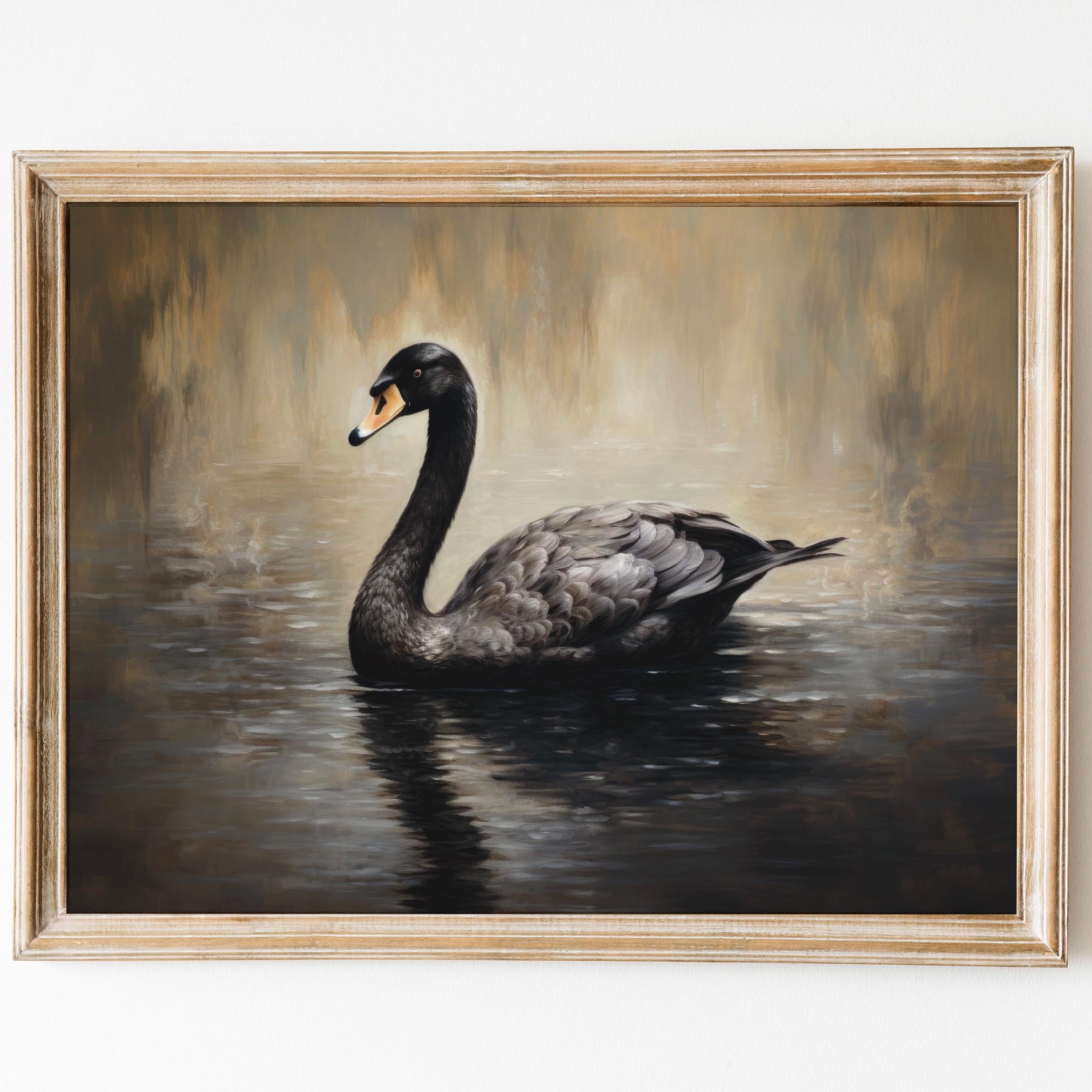 Vintage Black Swan Painting, Moody Swan Print, Farmhouse Decor